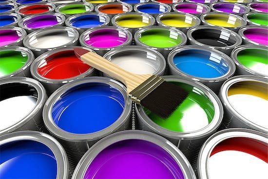 buckets of brightly-colored paints representing the various paint finishes available: flat paint, eggshell paint, and semi-gloss paint